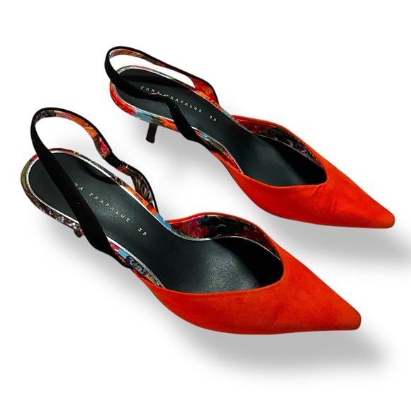 ZARA TRAFALUC Faux Suede Tangerine Sling Back Kitten Heels US Sz 8.5 - Picture 5 of 9